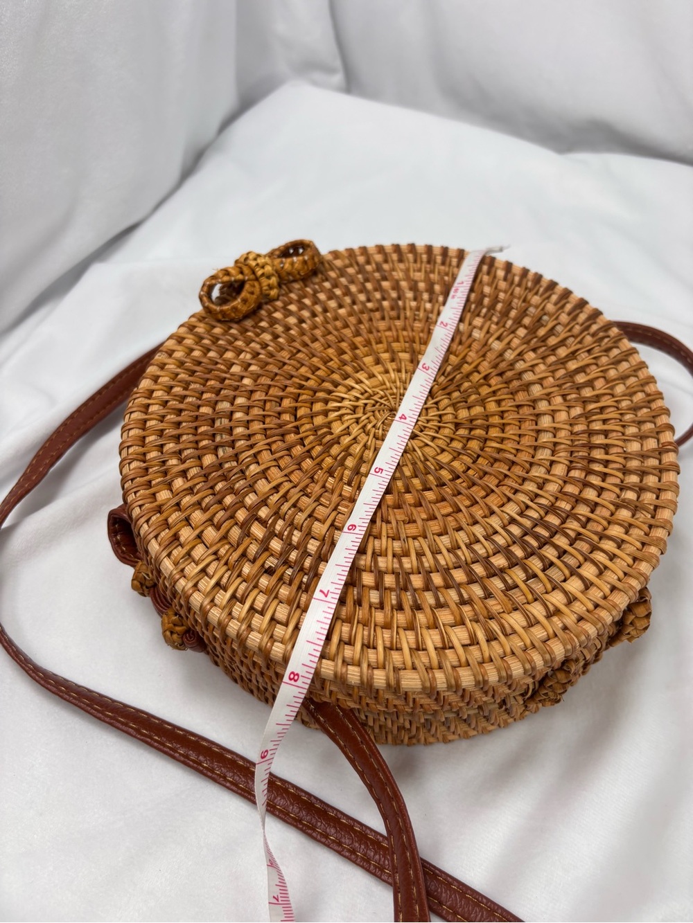 Round Rattan Crossbody Bag | Boho Woven Straw Purse Bali Bag w/ leather Strap - Picture 8 of 8